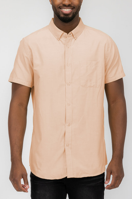 Peach button-down shirt with single chest pocket and short sleeves