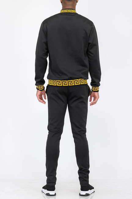 Black track jacket and joggers set with yellow trim and centered back crest