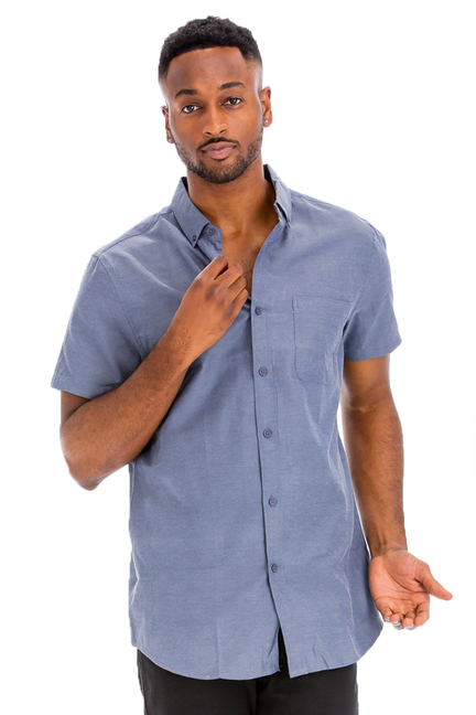Chambray blue short-sleeve button-down shirt with a single chest pocket