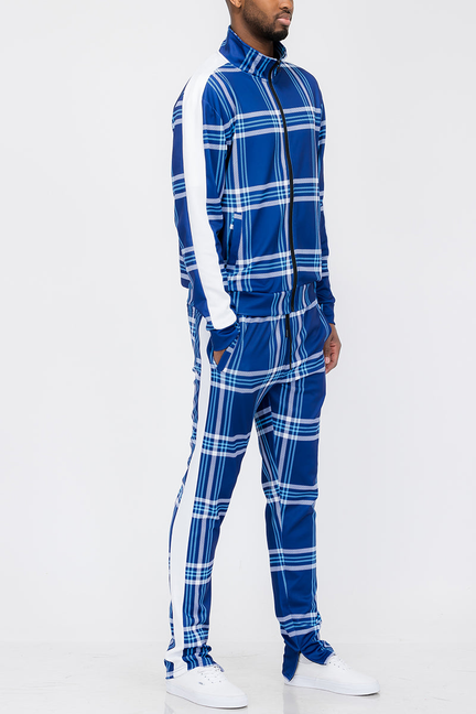 Blue plaid track set with zip-up jacket and matching track pants