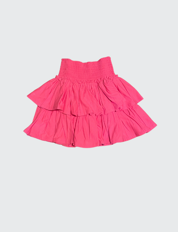 Pink tiered ruffle mini skirt with elastic waistband