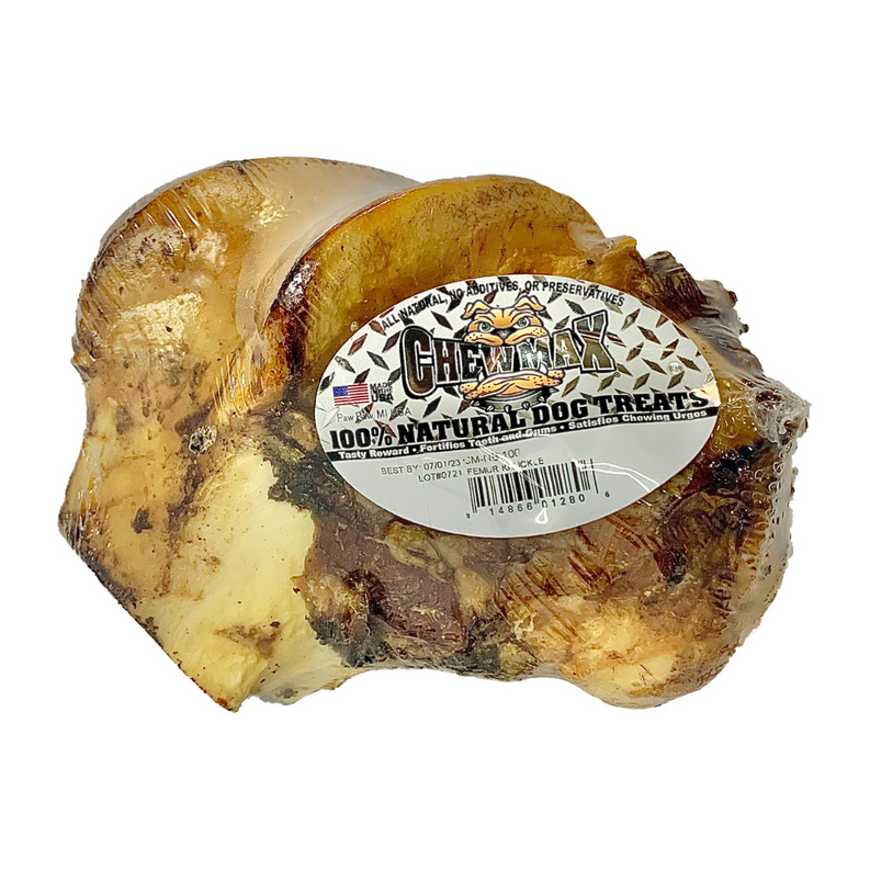 Slow-roasted beef knuckle bone chew, curved shape with round label