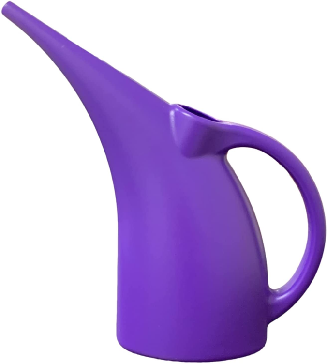 Purple plastic plant watering can with curved spout and side handle