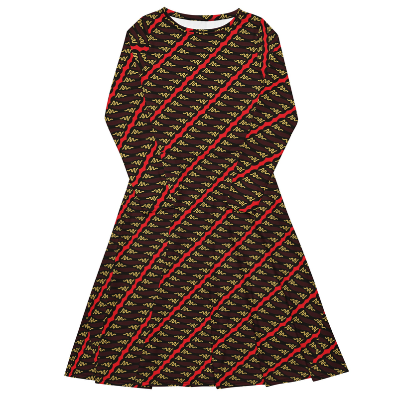 Long-sleeve midi dress in dark green with repeating red-and-yellow pattern, flared skirt