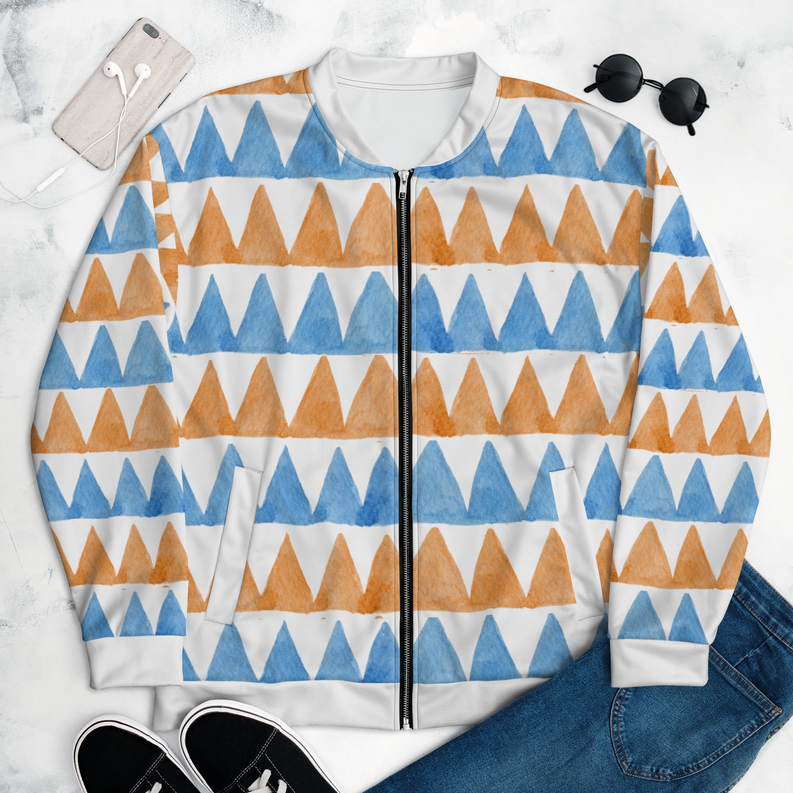 Unisex bomber jacket, zip-front stand collar in blue and orange mountain stripe print