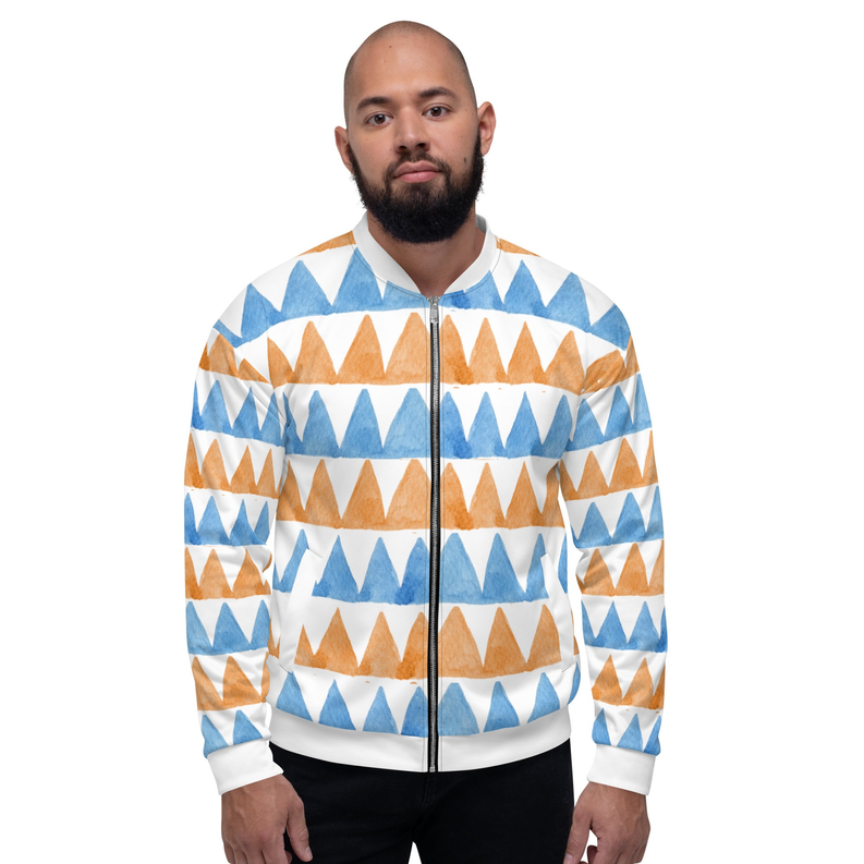 Unisex bomber jacket on model, zip-front with blue and orange striped mountain print