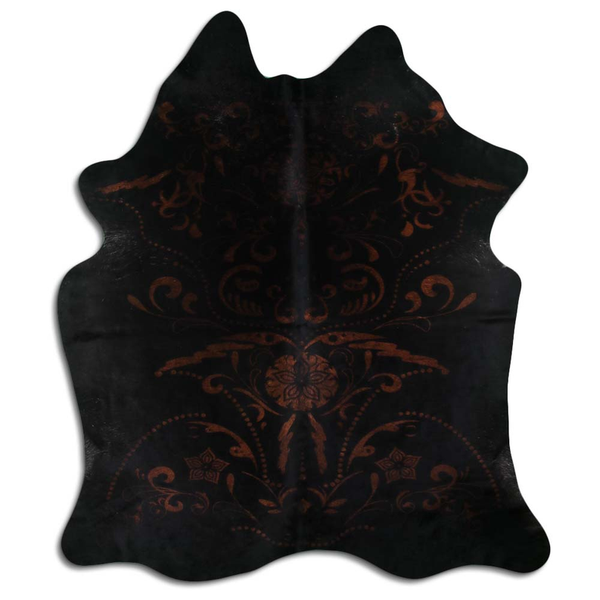 Black cowhide rug with baroque brown print, irregular hair-on pattern