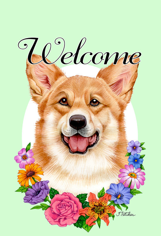 Red-and-white corgi welcome garden flag with floral wreath