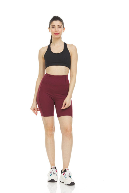Maroon high-waist tummy control yoga bike shorts, front view