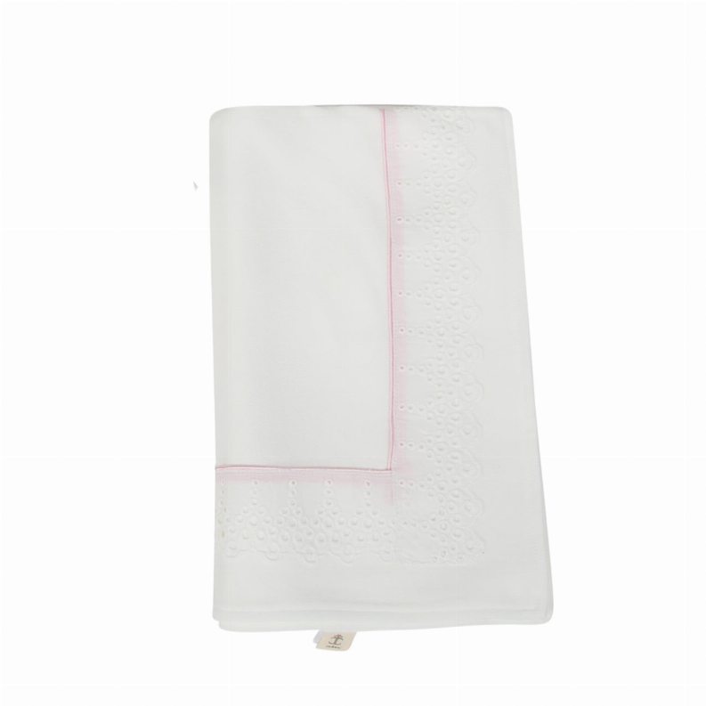 White baby blanket with pink border and raised eyelet texture across panel