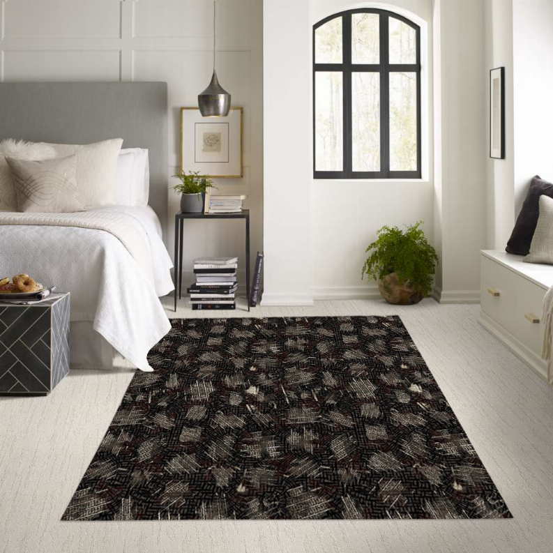 Blankets2U low pile carpet with dark geometric abstract pattern, rectangular runner shape