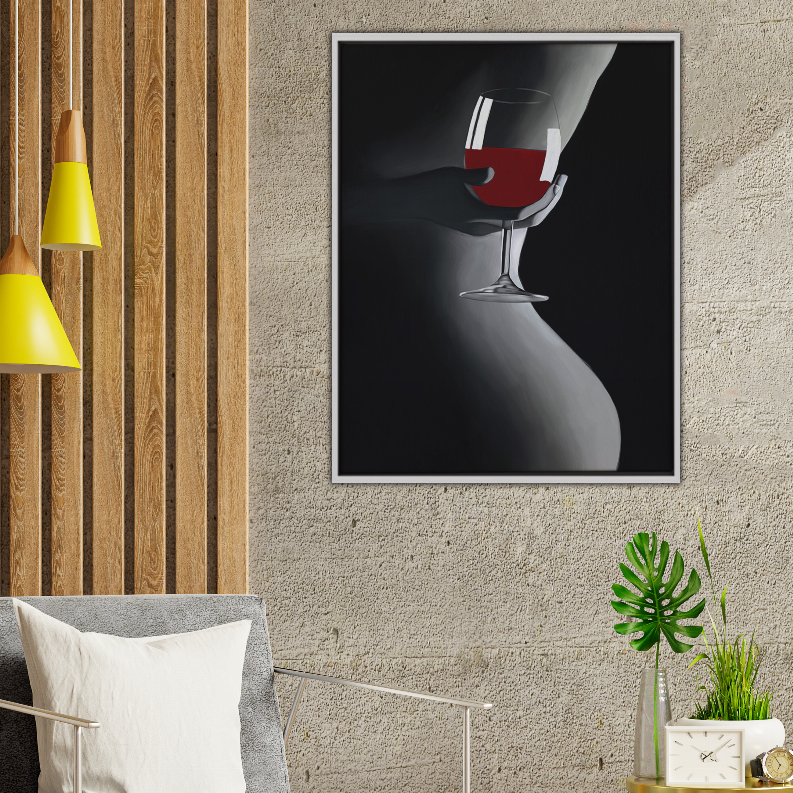 Framed art print with red wine glass and black-and-white silhouette