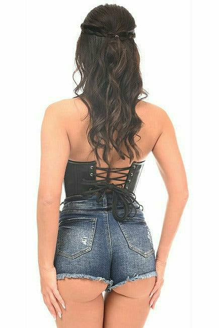 Black faux leather bustier top, back with crisscross lacing and corset ties