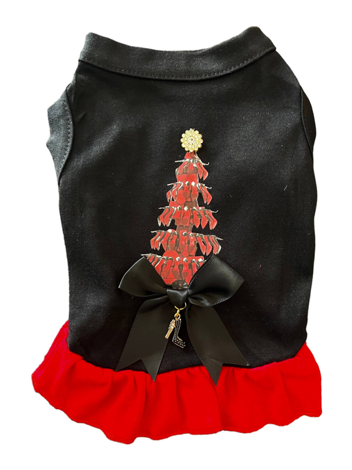 Black pet dress with red ruffled skirt, red tree applique, and black bow with charm