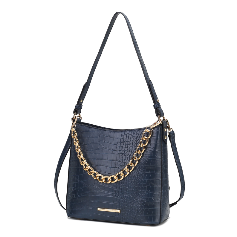 Navy croc-embossed shoulder bag with gold chain strap and top handles