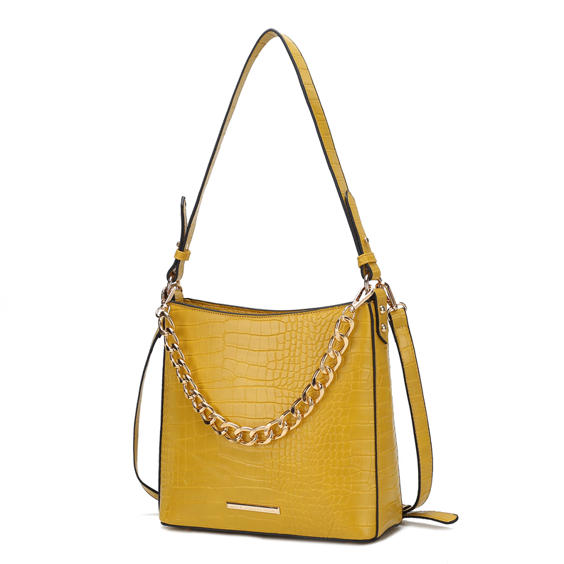 Mustard croc-embossed shoulder bag with chain strap and adjustable crossbody strap