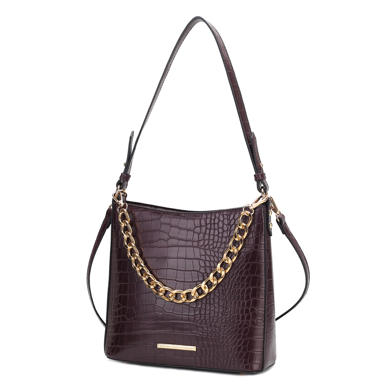 Burgundy croc-embossed hobo handbag with gold chain shoulder strap and top zip