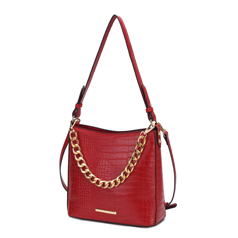 Red textured bucket shoulder bag with gold chain strap and leather top handle