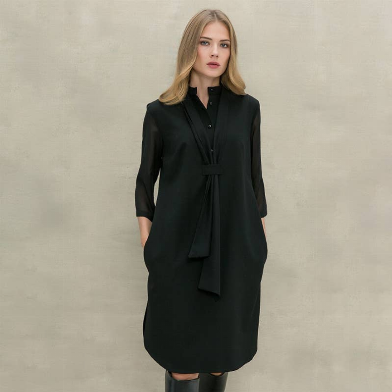 Black shirt dress with collar, 3/4 sleeves and waist tie detail