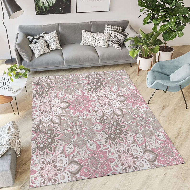 Low-pile multi floral medallion carpet rug in soft pink, beige and gray tones