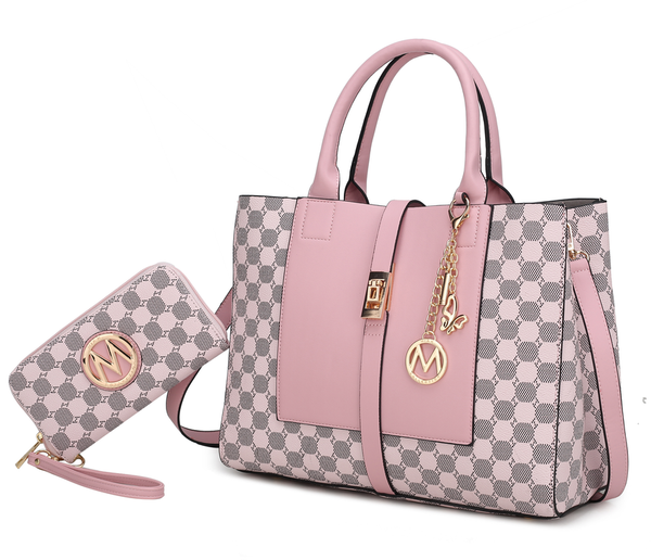 Pink and gray patterned handbag with front flap pocket, top handles, and chain strap