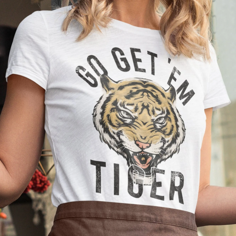 White women's tiger graphic T-shirt with 'Go Get 'Em Tiger' lettering