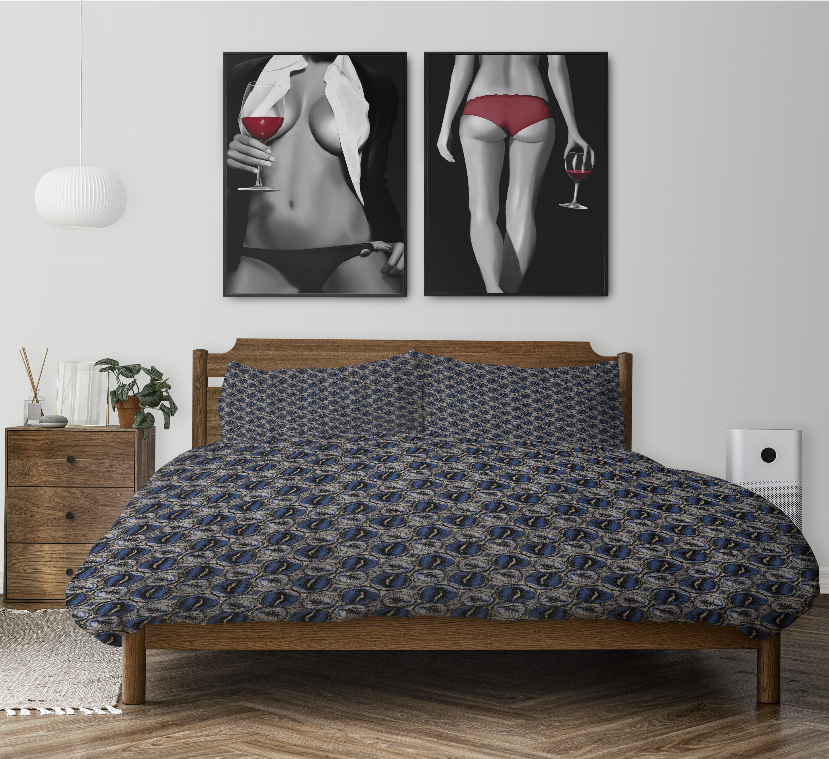 Duvet cover set in dark blue with ornate geometric pattern, two pillow shams