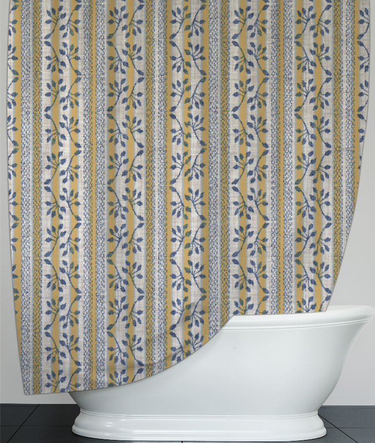 Shower curtain panel with vertical stripe botanical pattern, blue and green, top grommets