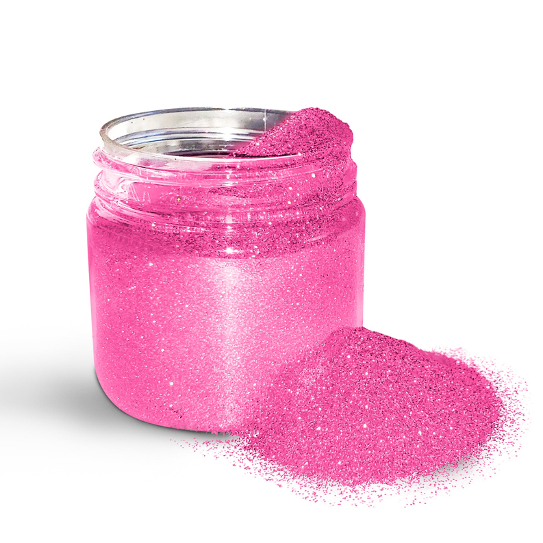 Holographic body glitter powder jar with pink glitter and loose glitter spill