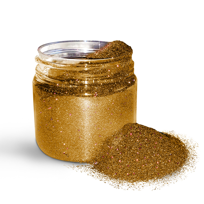 Gold holographic glitter powder jar with glitter spill from open clear lid