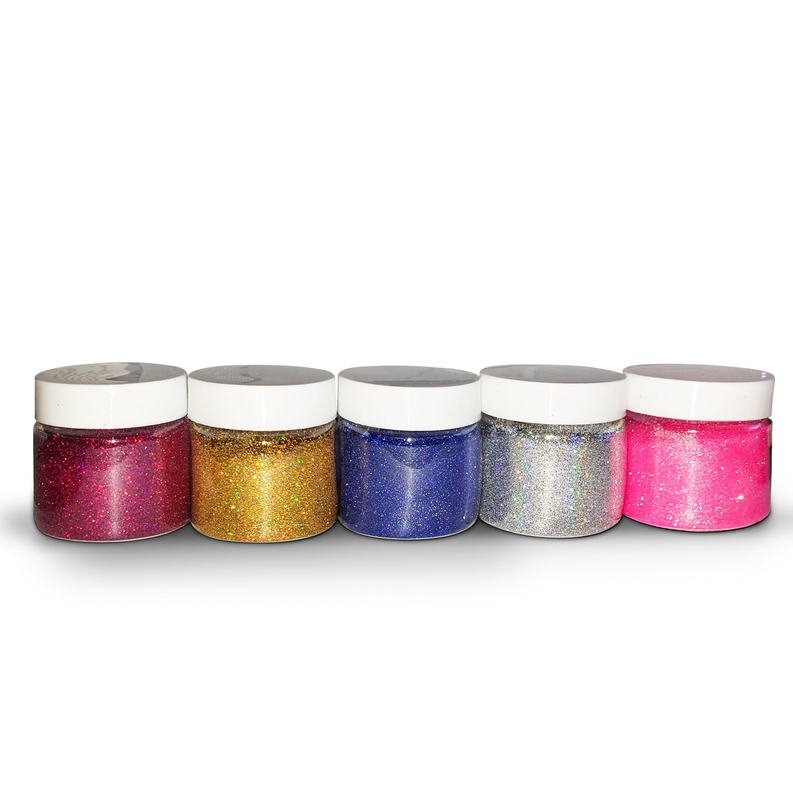 Assorted holographic glitter powder jars in pink, gold, blue, silver, and rose