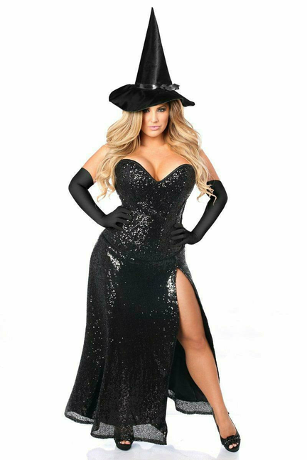 Black sequin corset costume dress with sweetheart neckline, thigh slit, and pointed witch hat