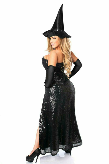 Black sequin corset costume with pointed witch hat, strapless sweetheart neckline, side slit