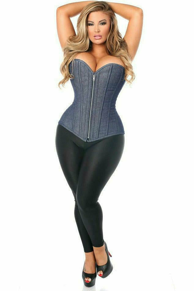 Denim blue overbust corset with front zipper and boned seams, off-shoulder design