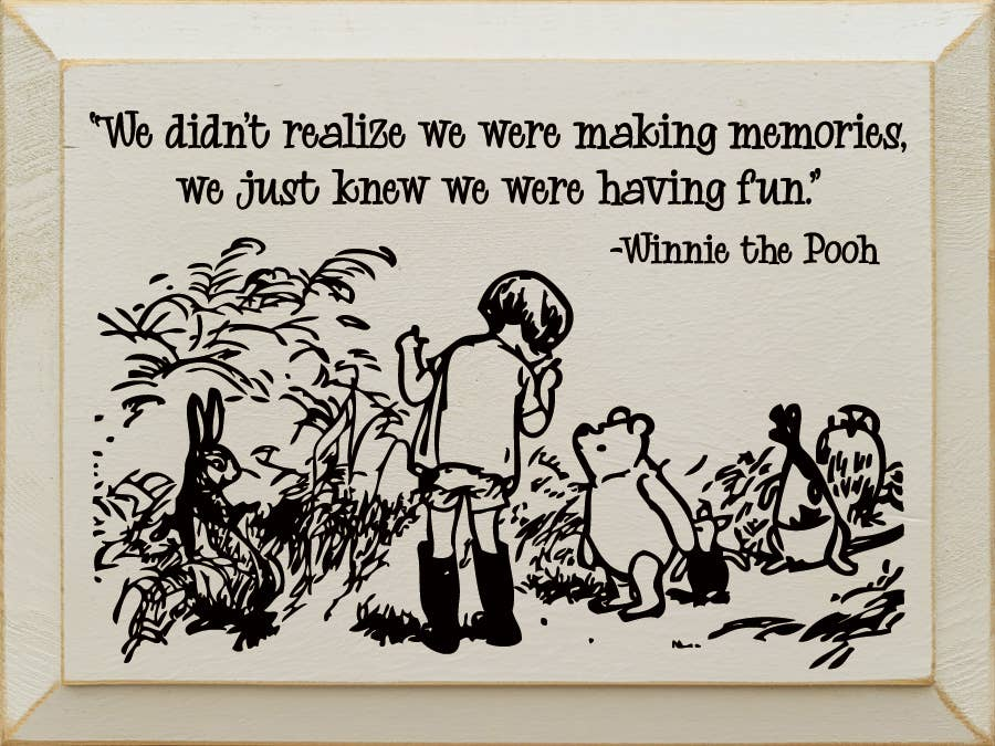 Framed Winnie the Pooh quote wall art print with characters in ink illustration