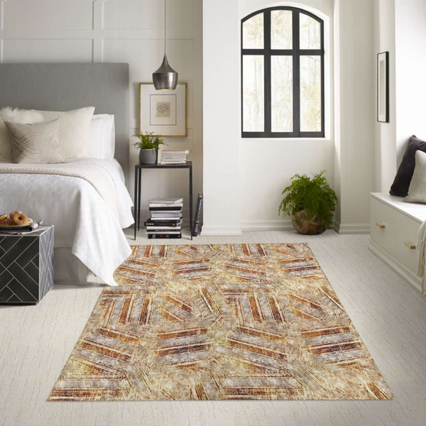 Low pile multi-color abstract carpet rug: beige base with rust and brown line pattern