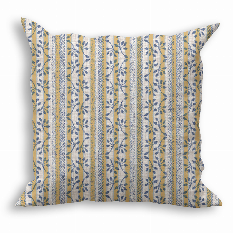 Throw pillow with blue and tan vertical stripes and botanical vine pattern, square