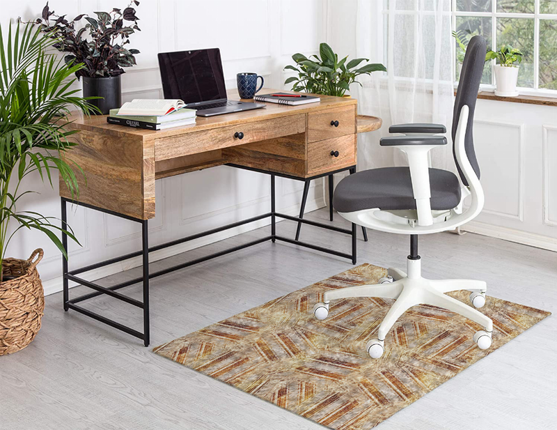 Low-pile area rug, multi-color abstract pattern in rust, beige, and gold stripes