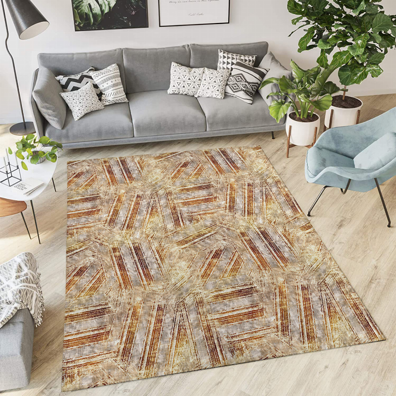 Low-pile area rug with abstract stripes in rust, tan, and gold on beige base