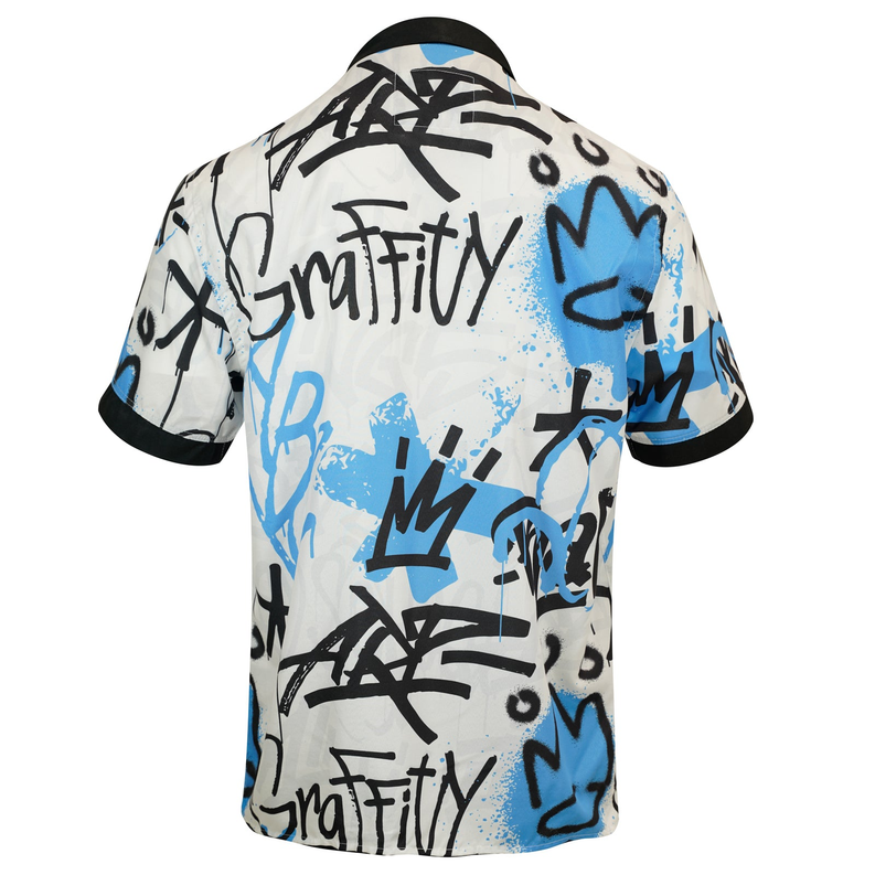 Graffiti blue button-up short-sleeve shirt, back view with black and blue graffiti print