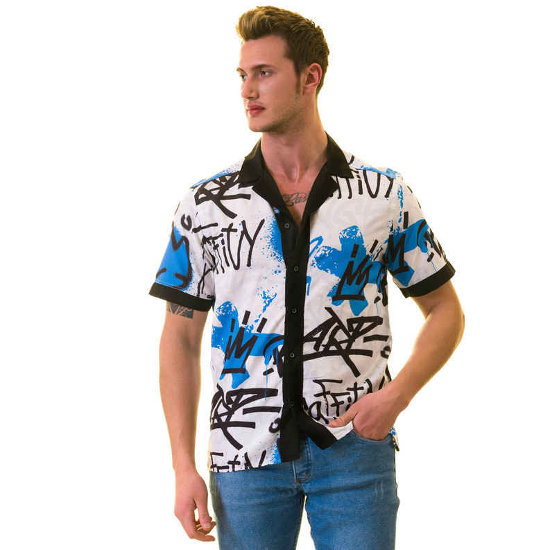 Graffiti blue button-up short-sleeve shirt worn by model, black and blue graffiti print