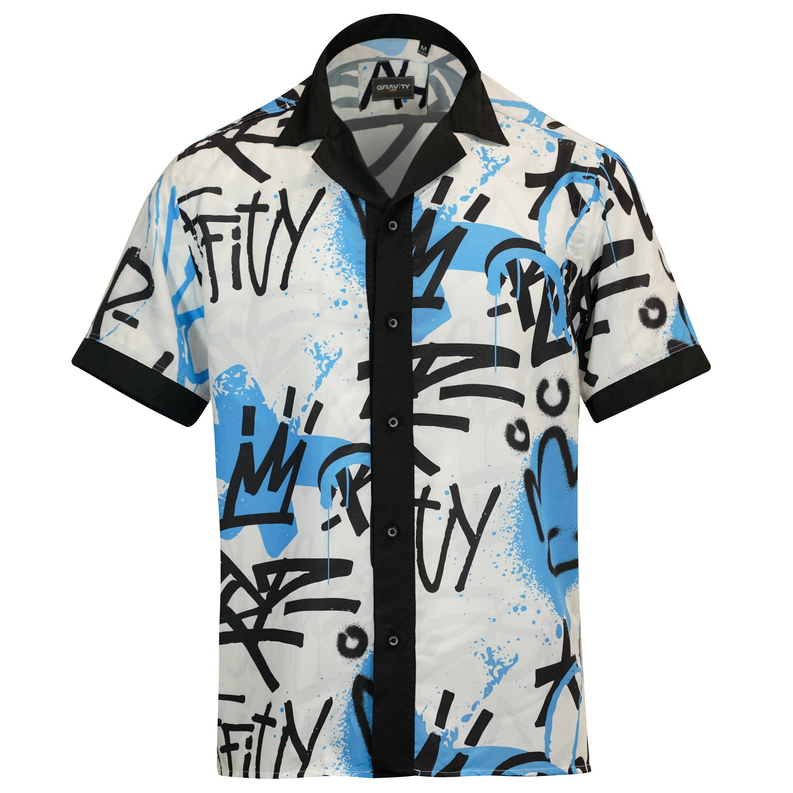 Graffiti blue button-up short-sleeve shirt with button front and black-blue graffiti pattern