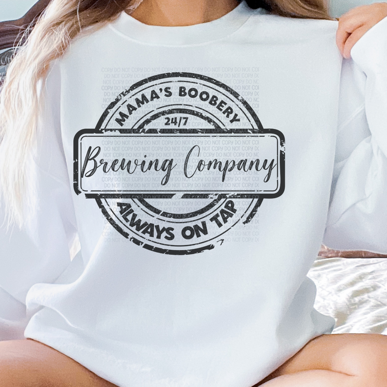 White crewneck sweatshirt with front graphic text "Always on Tap"