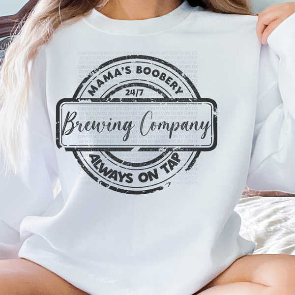 White crewneck sweatshirt with front graphic text "Always on Tap"