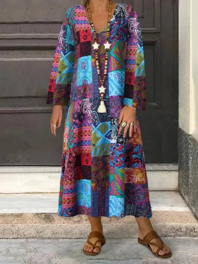 Handmade linen dress with colorful patchwork geometric pattern, long sleeves, V-neck