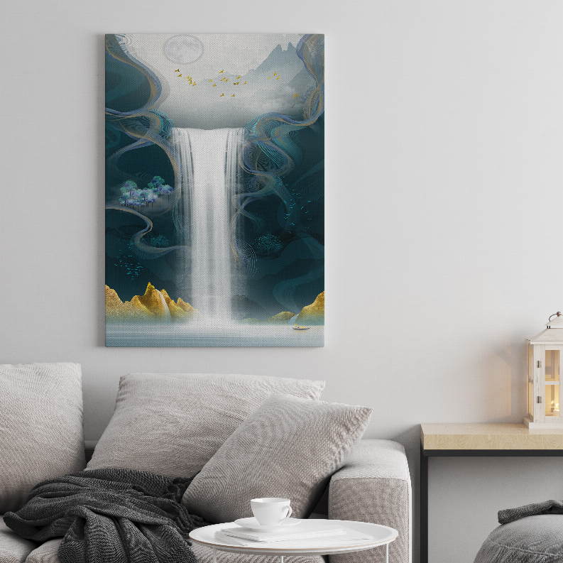 Framed abstract waterfall art print with teal blue waves and golden specks