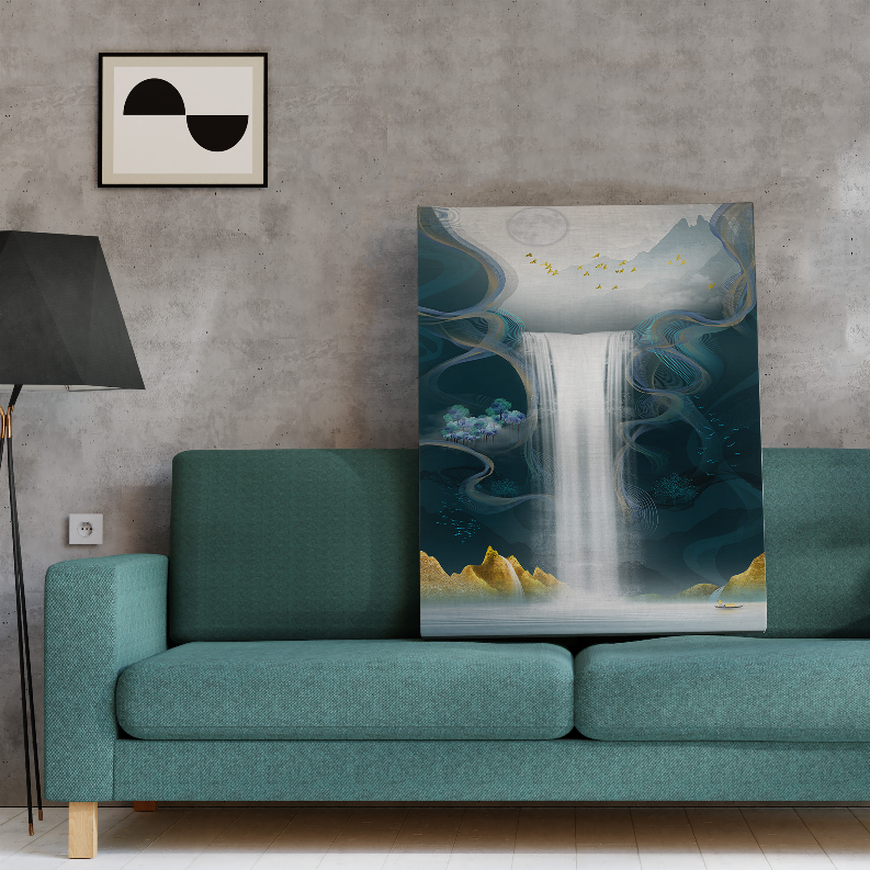 Framed abstract waterfall print on wall above teal sofa, white waterfall and gold highlights