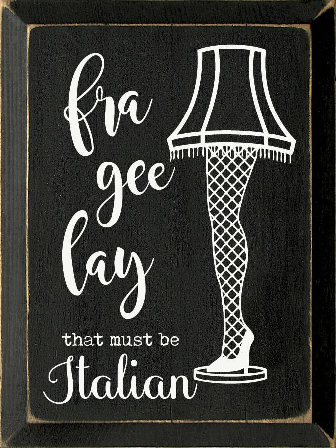 Framed chalkboard wall art with stiletto stocking illustration and cursive text