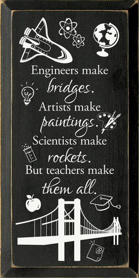Black chalkboard wall art with white quote and icons, including a bridge drawing