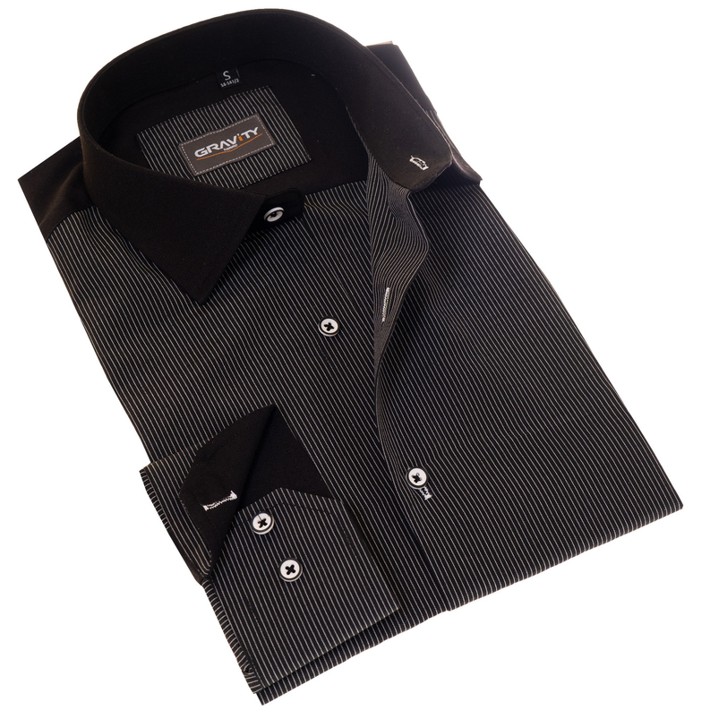 Dark striped dress shirt with button-up collar and long sleeves